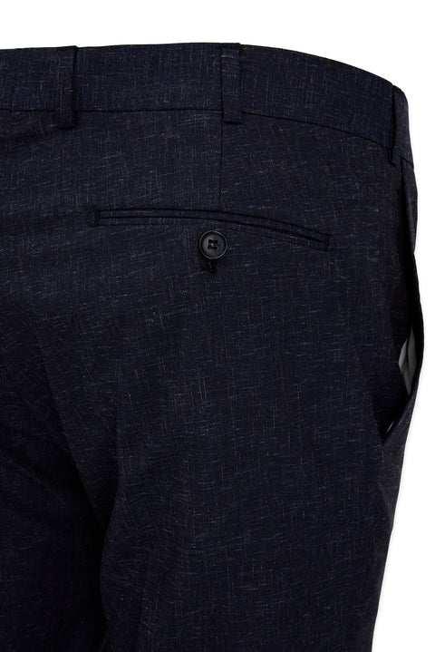 Orta Lacivert 7 Drop Slim Fit Dar Kesim Keten Karışımlı Klasik Kumaş Pantolon