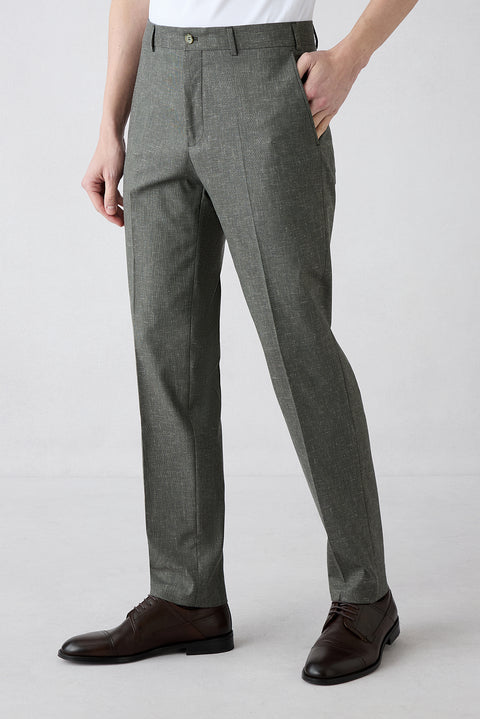 Mid Khaki 4-Drop Relaxed Fit Linen Blend Classic Fabric Trousers