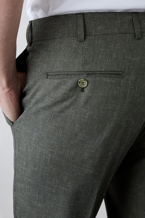 Mid Khaki 4-Drop Relaxed Fit Linen Blend Classic Fabric Trousers