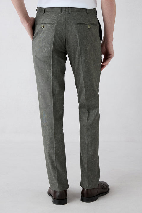 Mid Khaki 4-Drop Relaxed Fit Linen Blend Classic Fabric Trousers