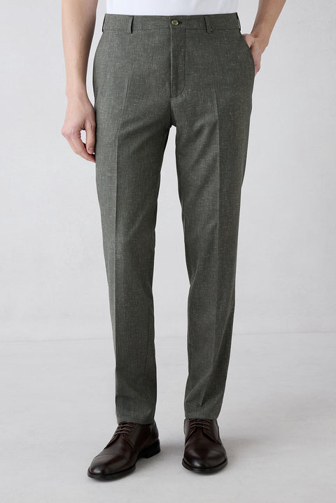Mid Khaki 4-Drop Relaxed Fit Linen Blend Classic Fabric Trousers