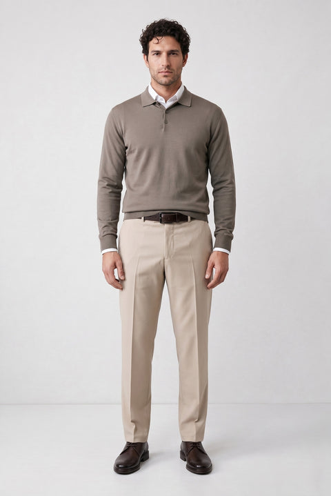 Light Beige 4-Drop Relaxed Fit Classic Fabric Trousers
