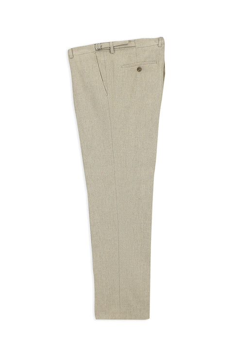 Medium Beige 4-Drop Relaxed Fit Classic Wool Flannel Trousers with Buckle