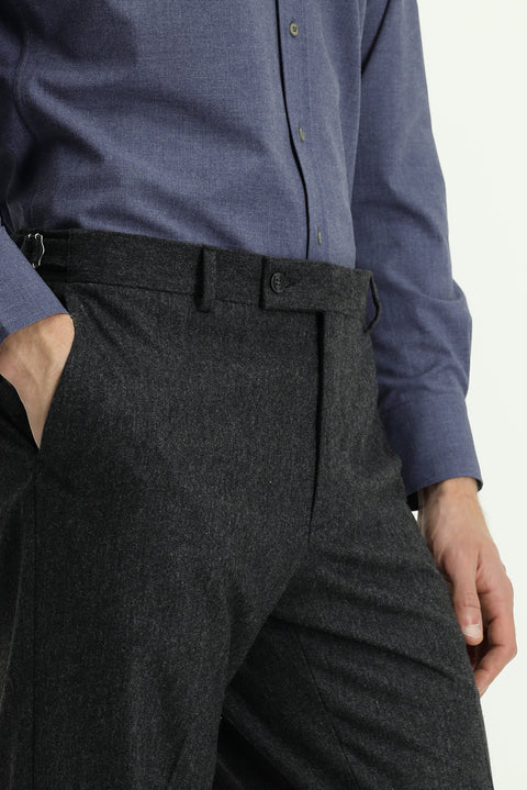 Orta Antrasit 4 Drop Relaxed Fit Rahat Kesim Tokalı Yünlü Flanel Klasik Pantolon