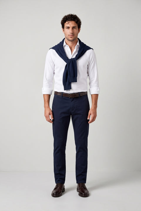 Mid-Navy Regular Fit Standard Cut Side Pocket Canvas / Chino Trousers