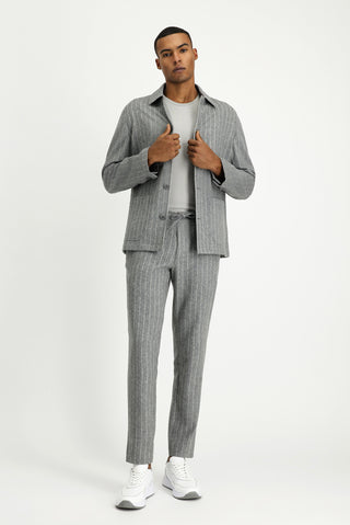  Orta Gri Melanj Slim Fit Dar Kesim Yünlü Beli Lastikli İpli Çizgili Klasik Kumaş Pantolon