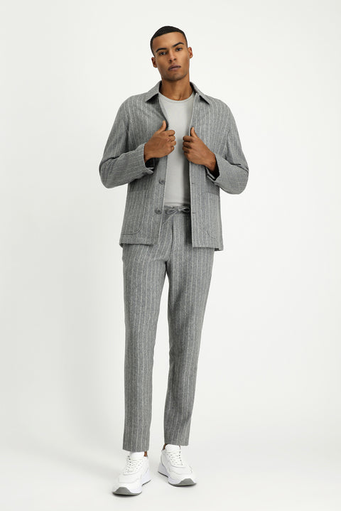 Orta Gri Melanj 7 Drop Slim Fit Dar Kesim Yünlü Beli Lastikli İpli Çizgili Klasik Kumaş Pantolon