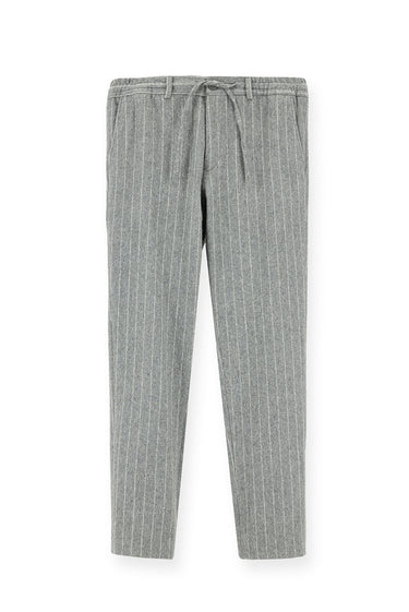 Orta Gri Melanj Slim Fit Dar Kesim Yünlü Beli Lastikli İpli Çizgili Klasik Kumaş Pantolon