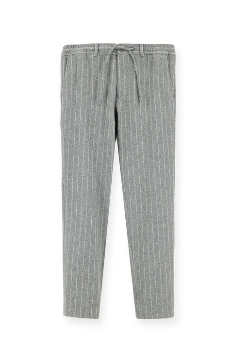 Orta Gri Melanj 7 Drop Slim Fit Dar Kesim Yünlü Beli Lastikli İpli Çizgili Klasik Kumaş Pantolon