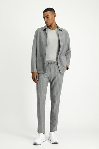  Orta Gri Melanj Slim Fit Dar Kesim Yünlü Beli Lastikli İpli Çizgili Klasik Kumaş Pantolon