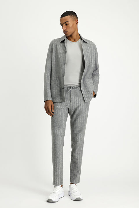 Orta Gri Melanj 7 Drop Slim Fit Dar Kesim Yünlü Beli Lastikli İpli Çizgili Klasik Kumaş Pantolon