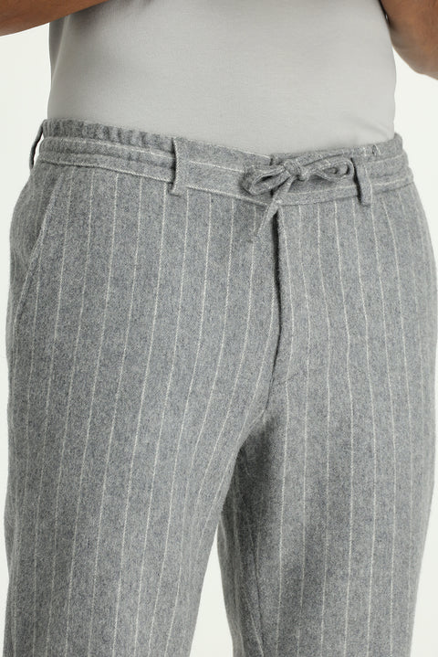Orta Gri Melanj 7 Drop Slim Fit Dar Kesim Yünlü Beli Lastikli İpli Çizgili Klasik Kumaş Pantolon