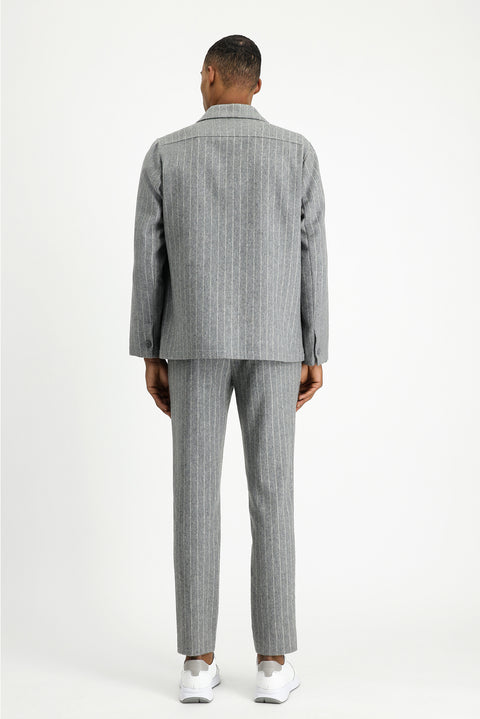 Orta Gri Melanj 7 Drop Slim Fit Dar Kesim Yünlü Beli Lastikli İpli Çizgili Klasik Kumaş Pantolon