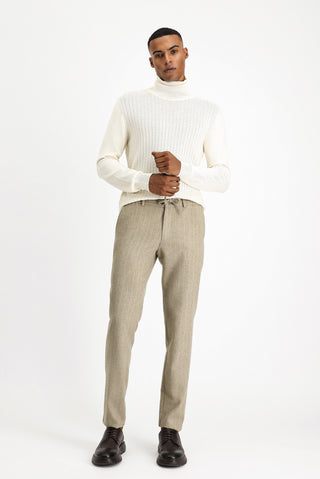  Orta Vizon Slim Fit Dar Kesim Yünlü Beli Lastikli İpli Çizgili Klasik Kumaş Pantolon