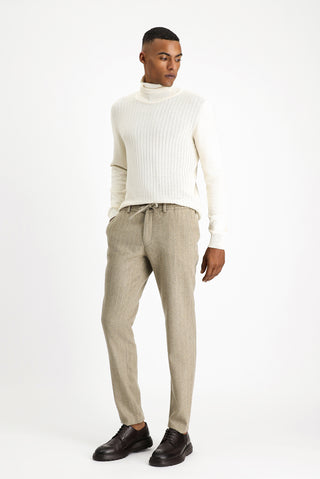  Orta Vizon Slim Fit Dar Kesim Yünlü Beli Lastikli İpli Çizgili Klasik Kumaş Pantolon