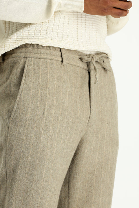 Orta Vizon 7 Drop Slim Fit Dar Kesim Yünlü Beli Lastikli İpli Çizgili Klasik Kumaş Pantolon