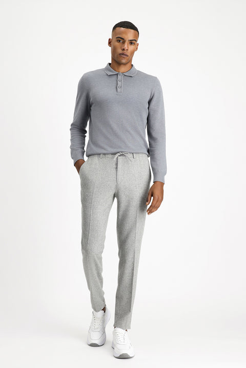 Orta Gri Melanj 7 Drop Slim Fit Dar Kesim Yünlü Beli Lastikli İpli Klasik Pantolon