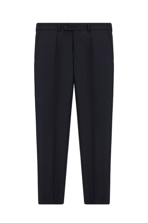 Koyu Lacivert 4 Drop Relaxed Fit Rahat Kesim Yünlü Pileli Flanel Klasik Kumaş Pantolon