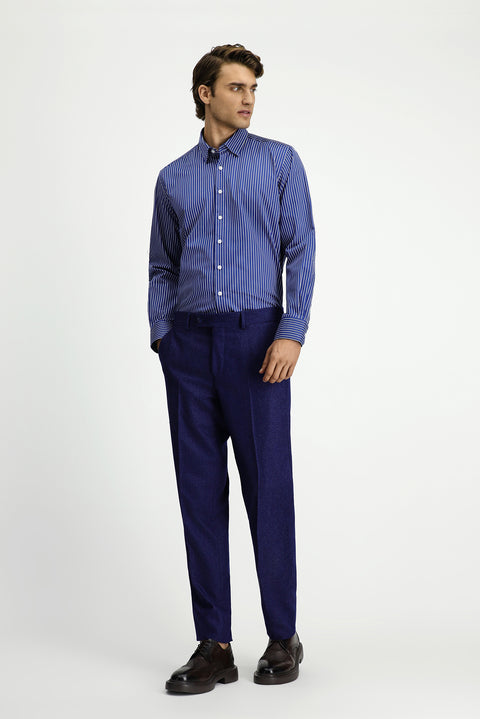 Orta Lacivert 6 Drop Regular Fit Standart Kesim Yünlü Pileli Flanel Klasik Kumaş Pantolon