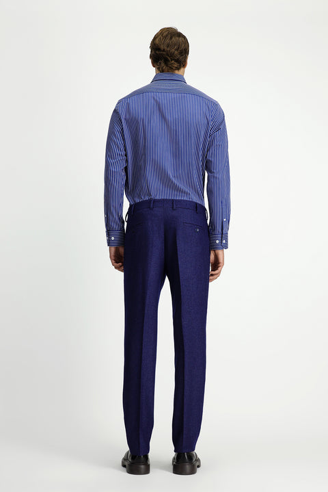 Orta Lacivert 6 Drop Regular Fit Standart Kesim Yünlü Pileli Flanel Klasik Kumaş Pantolon