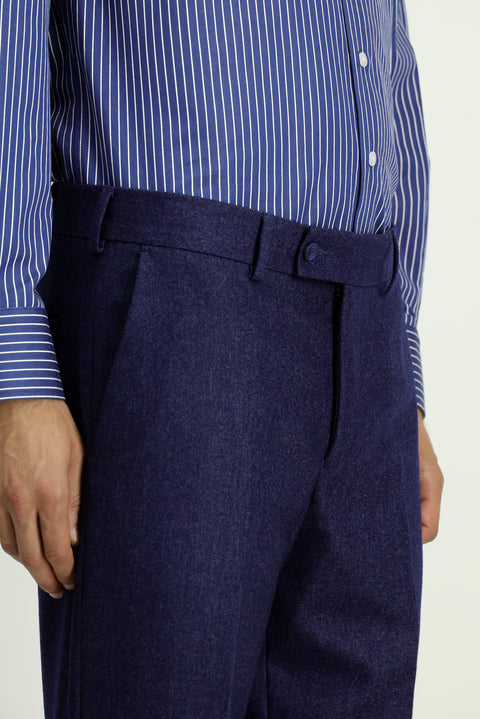 Orta Lacivert 6 Drop Regular Fit Standart Kesim Yünlü Pileli Flanel Klasik Kumaş Pantolon