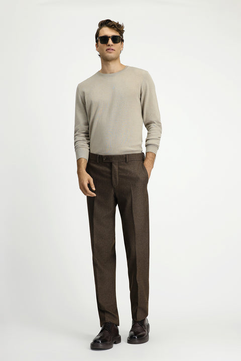 Orta Kahve 6 Drop Regular Fit Standart Kesim Yünlü Pileli Flanel Klasik Kumaş Pantolon