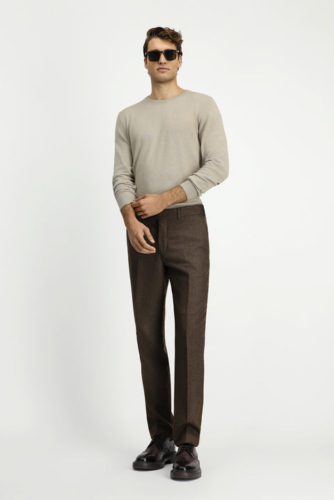 Orta Kahve 6 Drop Regular Fit Standart Kesim Yünlü Pileli Flanel Klasik Kumaş Pantolon