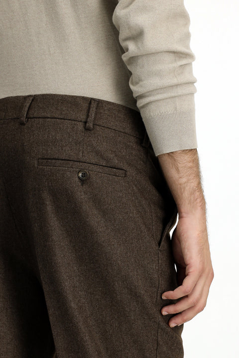 Orta Kahve 6 Drop Regular Fit Standart Kesim Yünlü Pileli Flanel Klasik Kumaş Pantolon