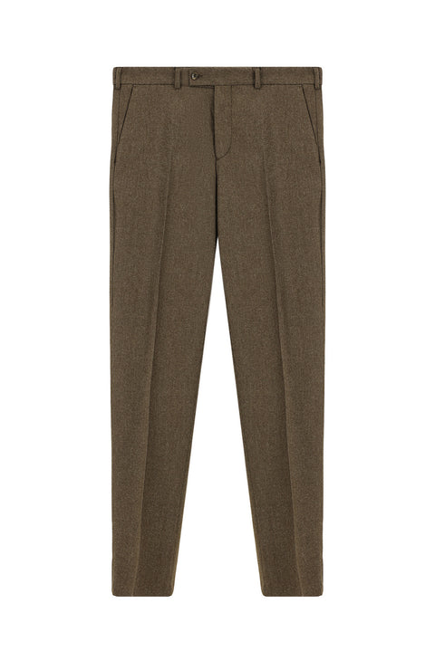 Orta Kahve 6 Drop Regular Fit Standart Kesim Yünlü Pileli Flanel Klasik Kumaş Pantolon