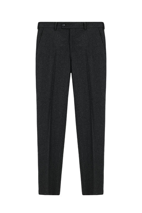 Koyu Antrasit 6 Drop Regular Fit Standart Kesim Yünlü Pileli Flanel Klasik Kumaş Pantolon
