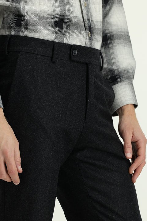 Koyu Antrasit 6 Drop Regular Fit Standart Kesim Yünlü Pileli Flanel Klasik Kumaş Pantolon