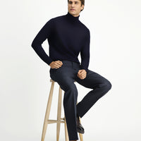 Koyu Lacivert Slim Fit Dar Kesim Desenli Flanel Klasik Pantolon