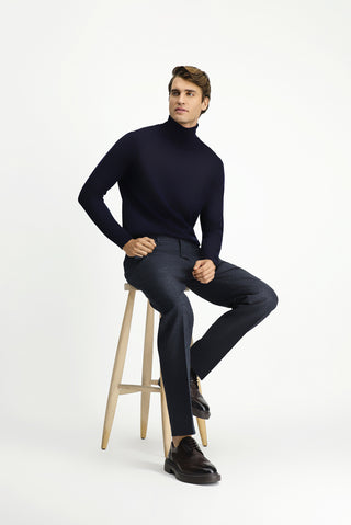  Koyu Lacivert Slim Fit Dar Kesim Desenli Flanel Klasik Pantolon