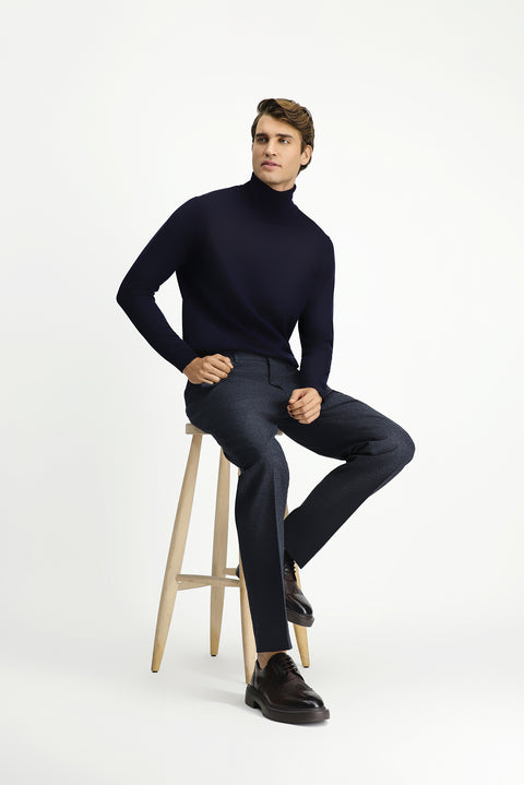 Koyu Lacivert 7 Drop Slim Fit Dar Kesim Desenli Flanel Klasik Pantolon