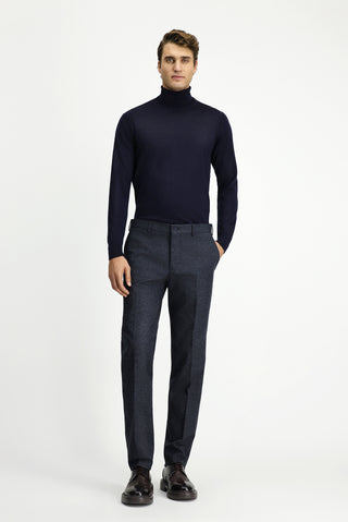  Koyu Lacivert Slim Fit Dar Kesim Desenli Flanel Klasik Pantolon