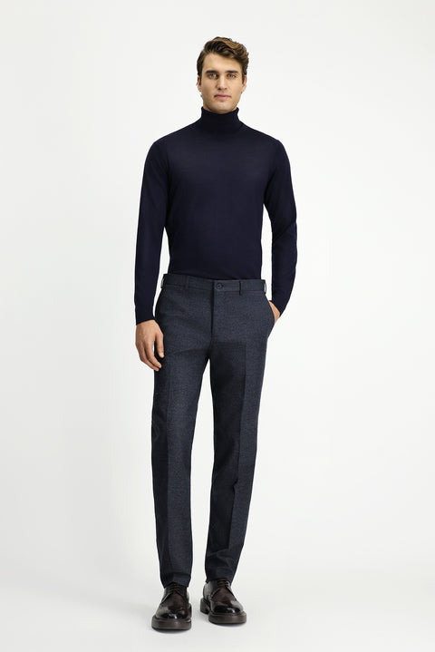 Koyu Lacivert 7 Drop Slim Fit Dar Kesim Desenli Flanel Klasik Pantolon