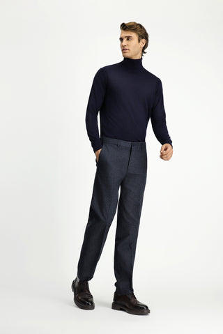  Koyu Lacivert Slim Fit Dar Kesim Desenli Flanel Klasik Pantolon