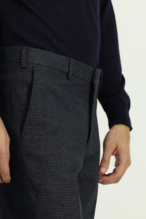 Koyu Lacivert 7 Drop Slim Fit Dar Kesim Desenli Flanel Klasik Pantolon