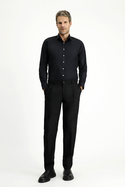 Siyah 6 Drop Regular Fit Standart Kesim Likralı Pileli Klasik Kumaş Pantolon