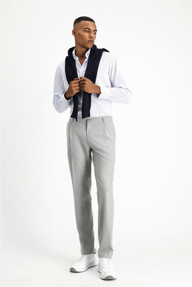  Açık Gri Slim Fit Dar Kesim Likralı Pileli Klasik Kumaş Pantolon