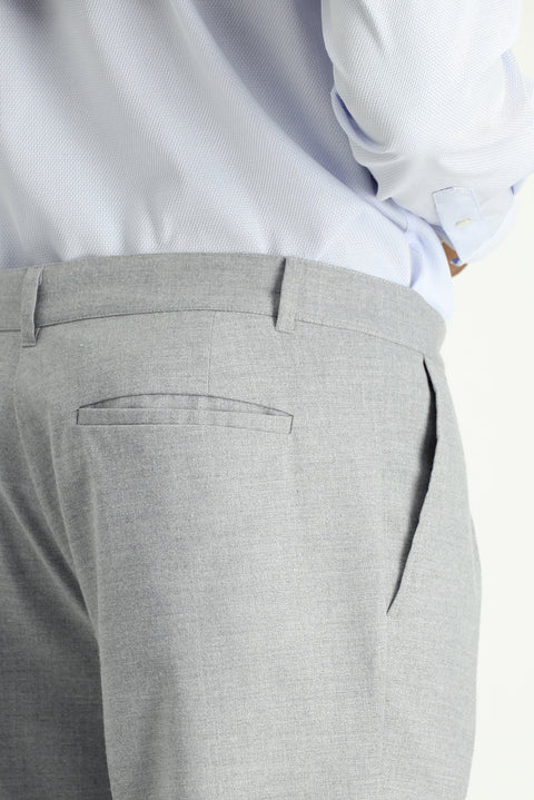 Light Grey 7 Drop Slim Fit Narrow Cut Lycra Pleated Classic Fabric Trousers