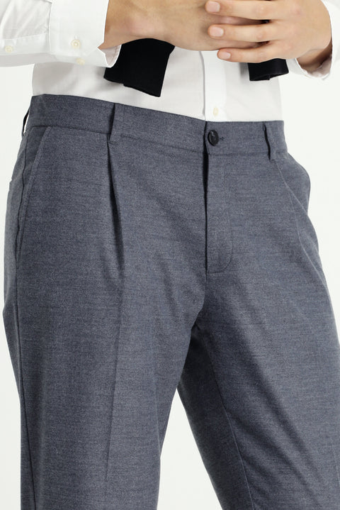 Orta Füme 7 Drop Slim Fit Dar Kesim Likralı Pileli Klasik Kumaş Pantolon