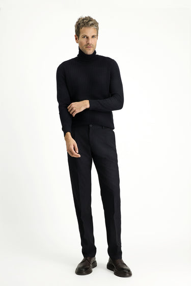  Koyu Lacivert Slim Fit Dar Kesim Likralı Pileli Klasik Kumaş Pantolon