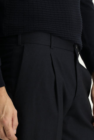  Koyu Lacivert Slim Fit Dar Kesim Likralı Pileli Klasik Kumaş Pantolon