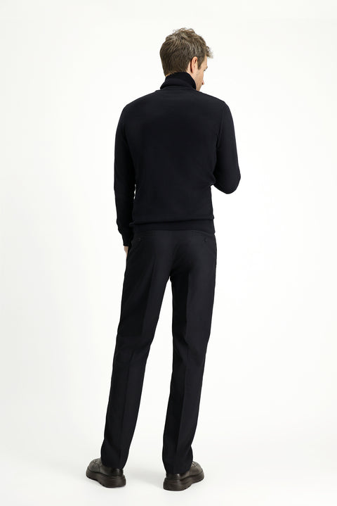 Koyu Lacivert 7 Drop Slim Fit Dar Kesim Likralı Pileli Klasik Kumaş Pantolon