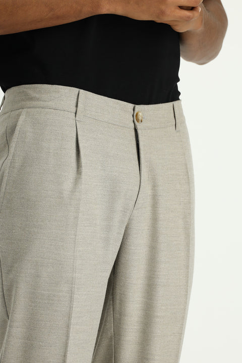 Açık Bej 6 Drop Regular Fit Standart Kesim Likralı Pileli Klasik Kumaş Pantolon