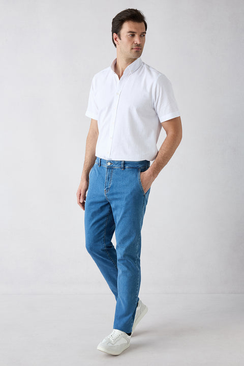 Koyu Mavi  Tapered Fit Pamuklu Yan Cepli Denim Pantolon