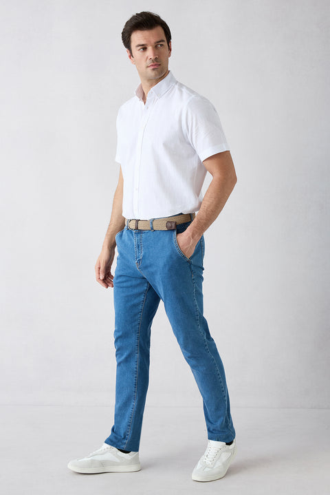Koyu Mavi  Tapered Fit Pamuklu Yan Cepli Denim Pantolon