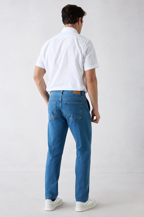 Koyu Mavi  Tapered Fit Pamuklu Yan Cepli Denim Pantolon