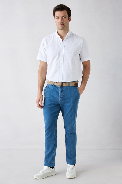 Koyu Mavi  Tapered Fit Pamuklu Yan Cepli Denim Pantolon